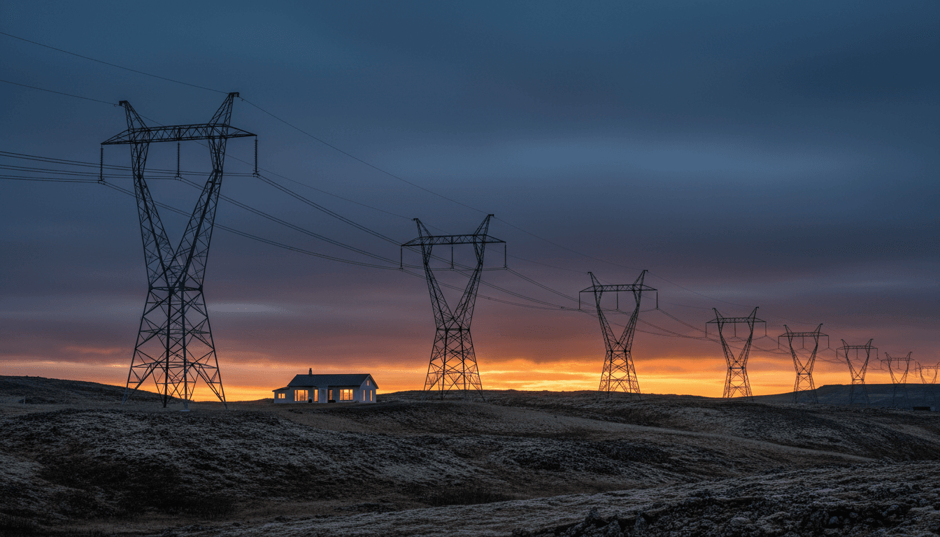 Icelandic landscape with power transmission lines and home at dusk