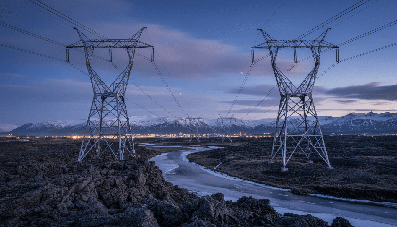Modern electrical infrastructure in Iceland with transmission lines and pylons against an Icelandic landscape